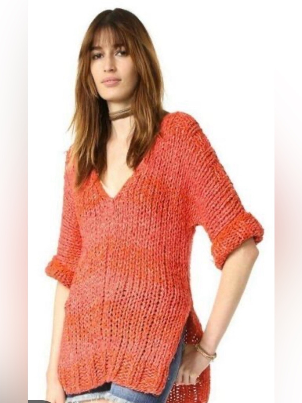 Free People Cozy Open-Stitch V-Neck Sweater in Orange